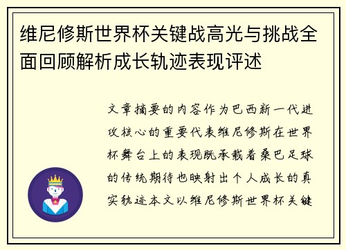 维尼修斯世界杯关键战高光与挑战全面回顾解析成长轨迹表现评述
